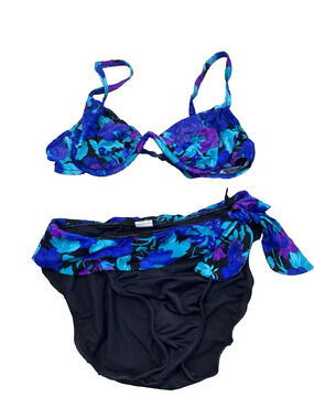 Vintage Athena Bikini Set 8/10 Black Floral Underwire High Rise 90s Swim